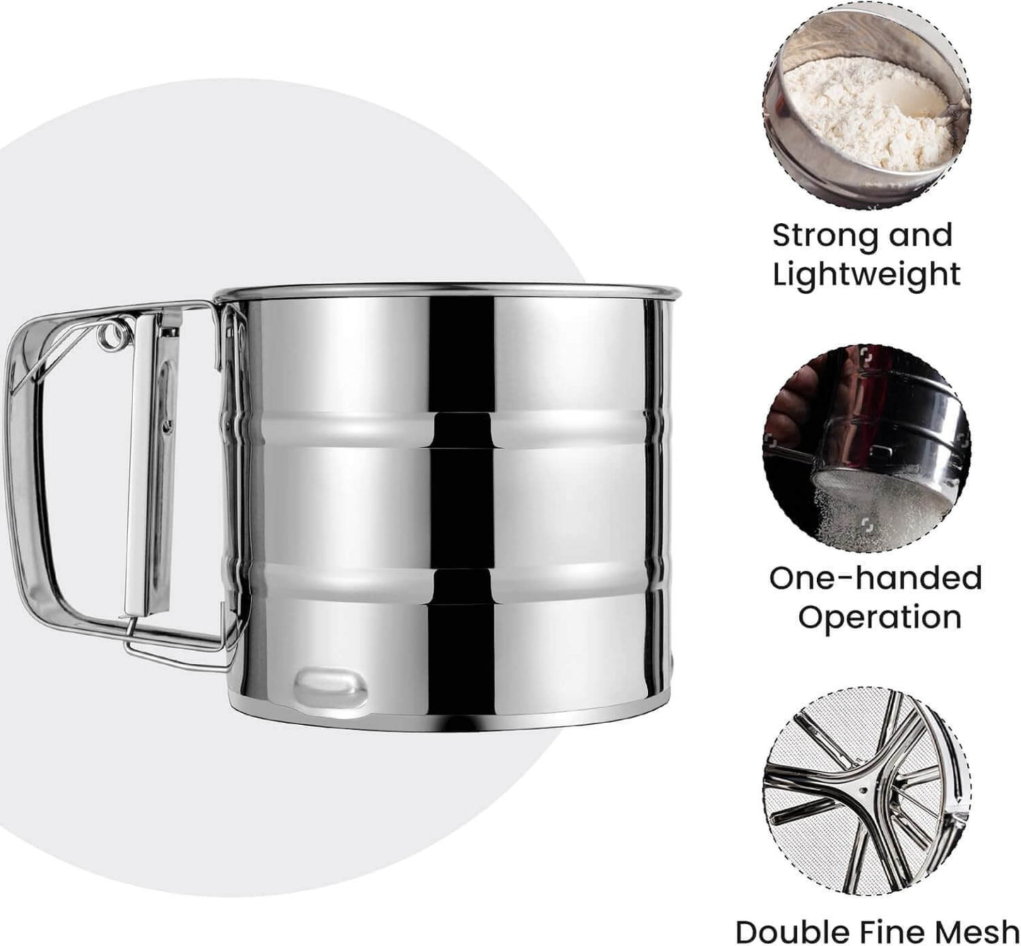 One-Hand Press Flour Sifter – Stainless Steel Fine Mesh Sieve for Baking & Sugar Dusting