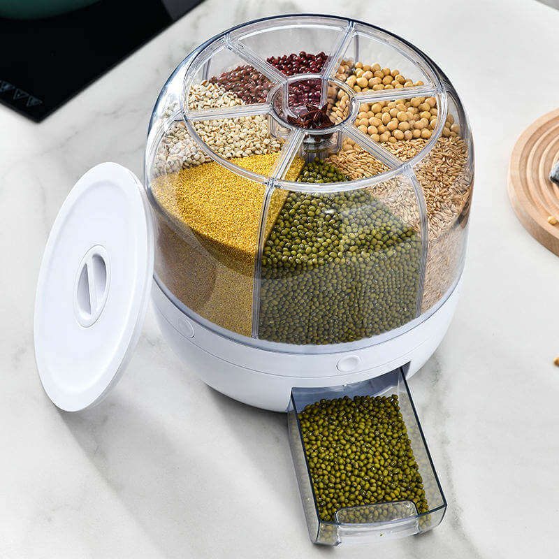 Smart Rotating Grain Dispenser with 6 Compartments – One-Click Fresh-Keep Storage for Rice & Pulses
