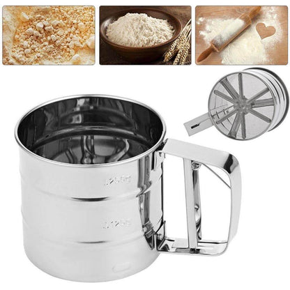 One-Hand Press Flour Sifter – Stainless Steel Fine Mesh Sieve for Baking & Sugar Dusting