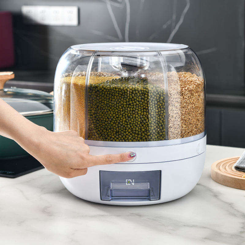 Smart Rotating Grain Dispenser with 6 Compartments – One-Click Fresh-Keep Storage for Rice & Pulses