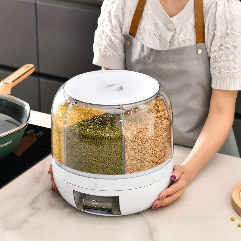 Smart Rotating Grain Dispenser with 6 Compartments – One-Click Fresh-Keep Storage for Rice & Pulses