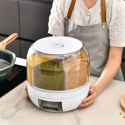 Smart Rotating Grain Dispenser with 6 Compartments – One-Click Fresh-Keep Storage for Rice & Pulses