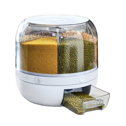 Smart Rotating Grain Dispenser with 6 Compartments – One-Click Fresh-Keep Storage for Rice & Pulses